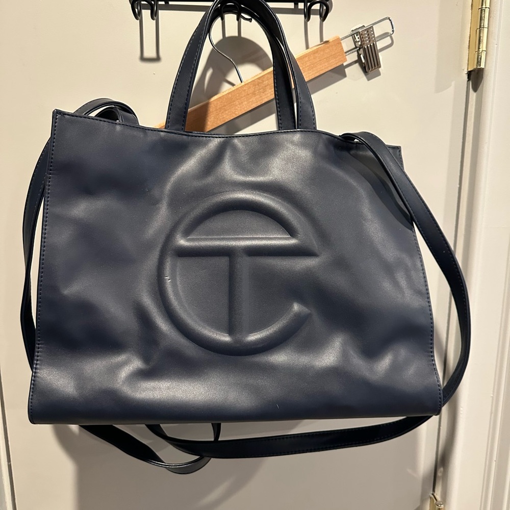 Telfar Blue Tote Bag with Embossed Logo and Vegan Leather